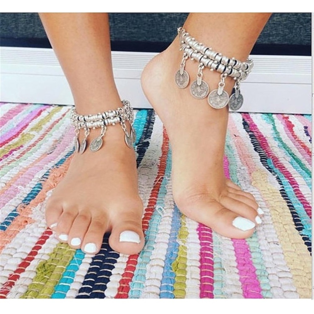 Silver Layered Charm Anklet